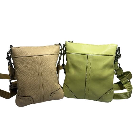 Coach Purse Crossbody Swing Pack Lot of 2 Tan Pebbled Leather & Green Small Bags - Picture 1 of 16
